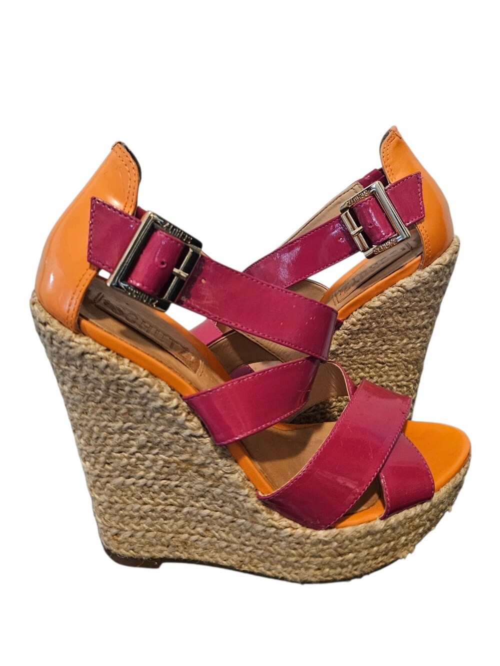 SCHUTZ Pink/Orange Platform Wedge Espadrille Sandals Patent Leather Women's SZ 8